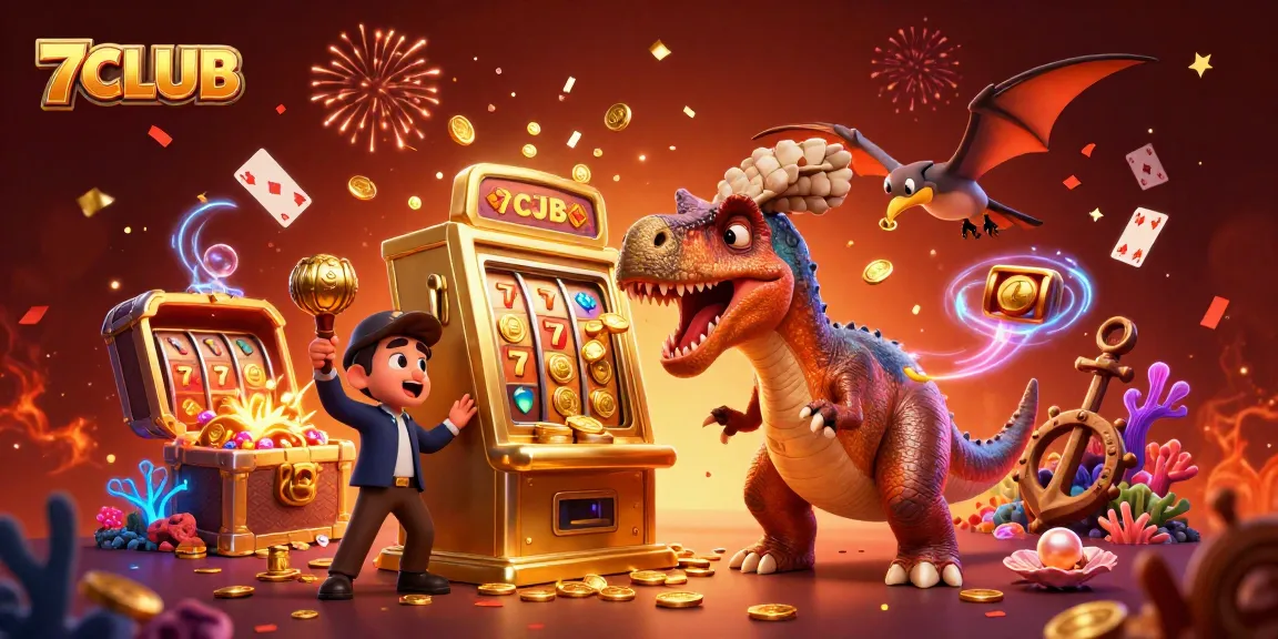 7CLUB features a pachycephalosaurus winning big at the slot machine, surrounded by sparkling casino elements.