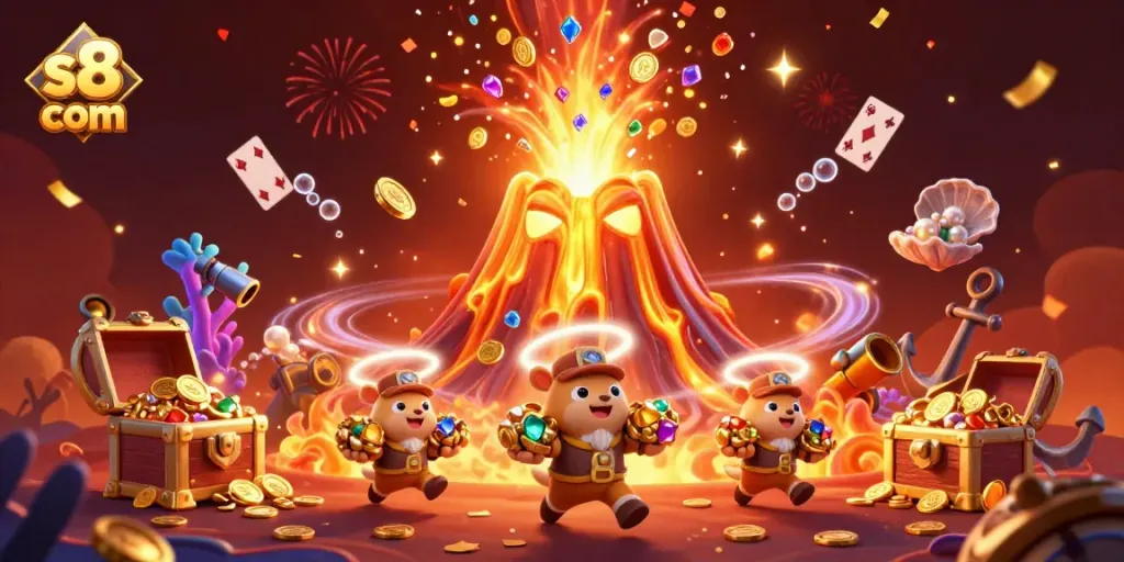 Join the excitement at s8 com as treasures erupt from a golden volcano in this vibrant casino scene.