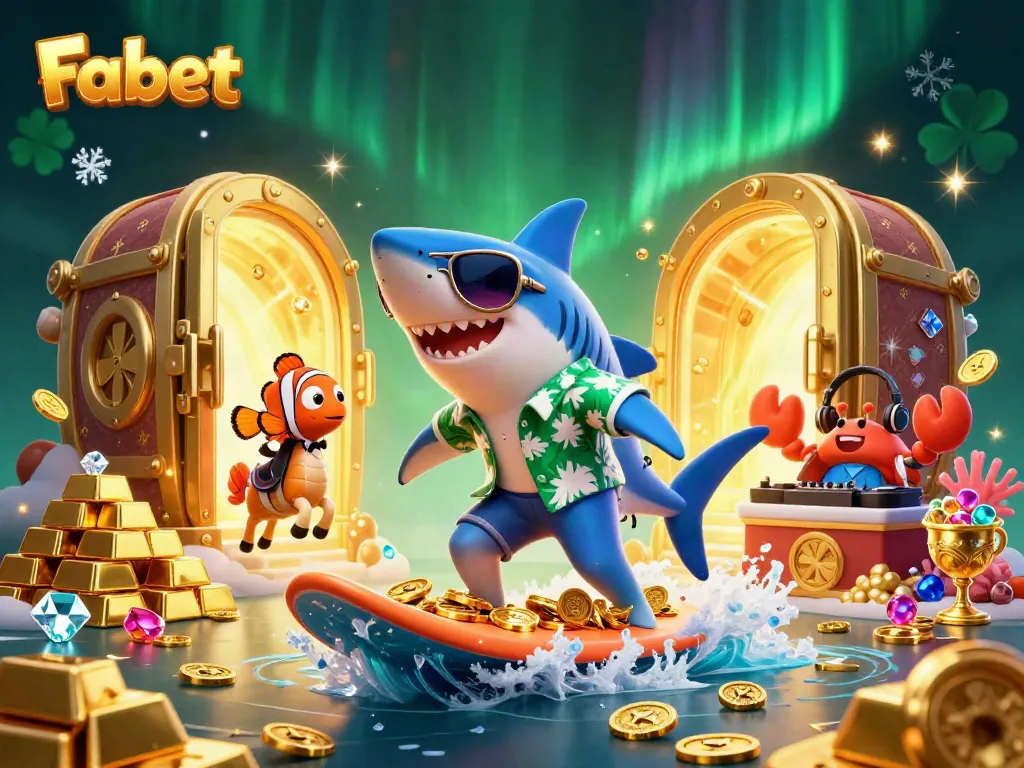 Experience Fabet's excitement with a vibrant 3D illustration featuring a shark and clownfish in a casino-themed underwater world.