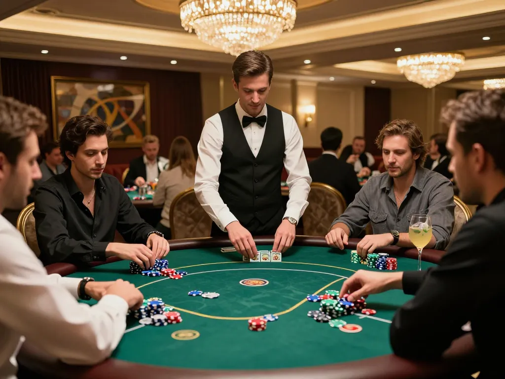 Casino 98WIN players engaged in a lively poker game with colorful chips and warm decor.