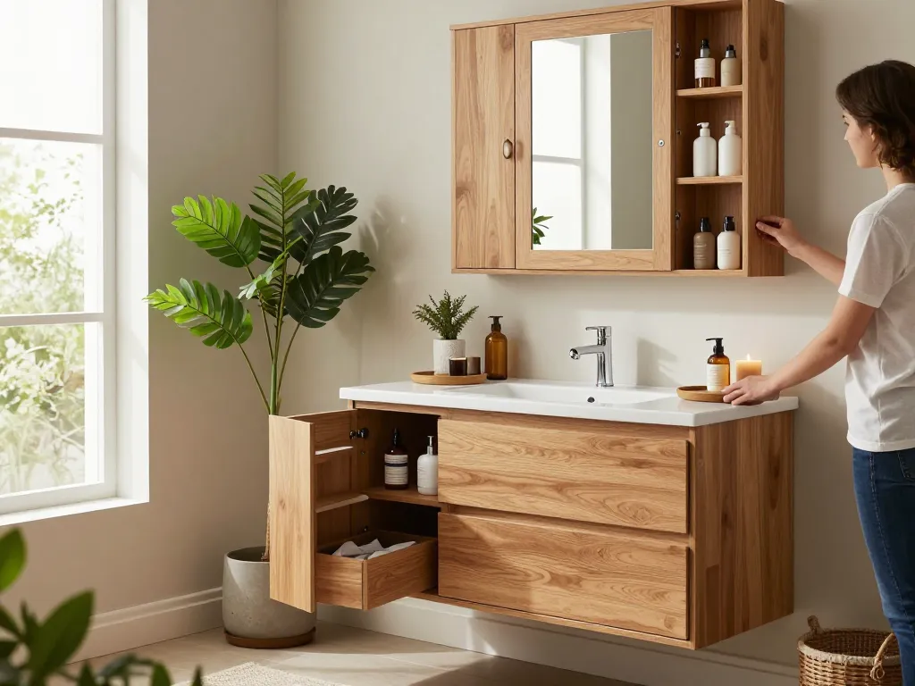 Stijlvolle badkamer kasten in natuurlijk eiken, die de badkamerinrichting en organisatie verbeteren.