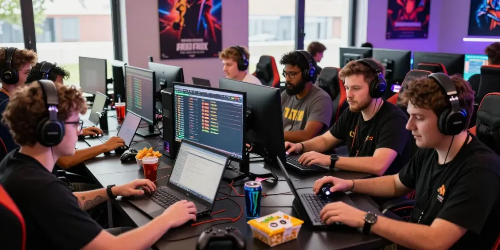 rokok88 login in a vibrant online gaming community gathering with friends, laptops and gaming gear.