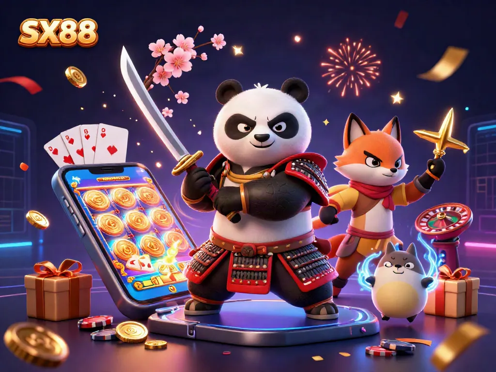 SX88 powers up the excitement with a vibrant casino scene featuring a samurai panda, ninja fox, and magical tanuki.