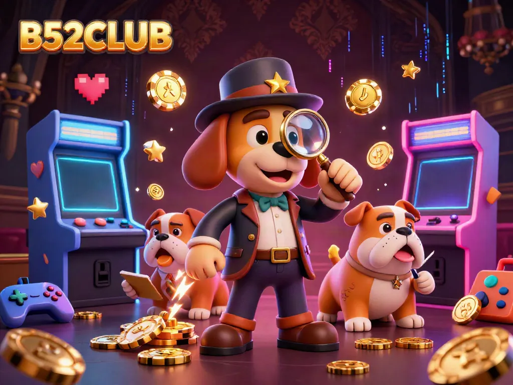 Bettors enjoy B52CLUB thrill while detective explores poker chip clues in a vibrant casino setting.