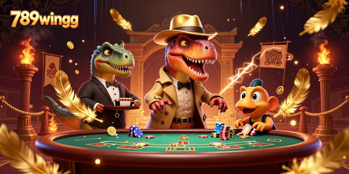 Experience thrilling gameplay with 789wingg's cartoon velociraptor and stegosaurus at the casino.