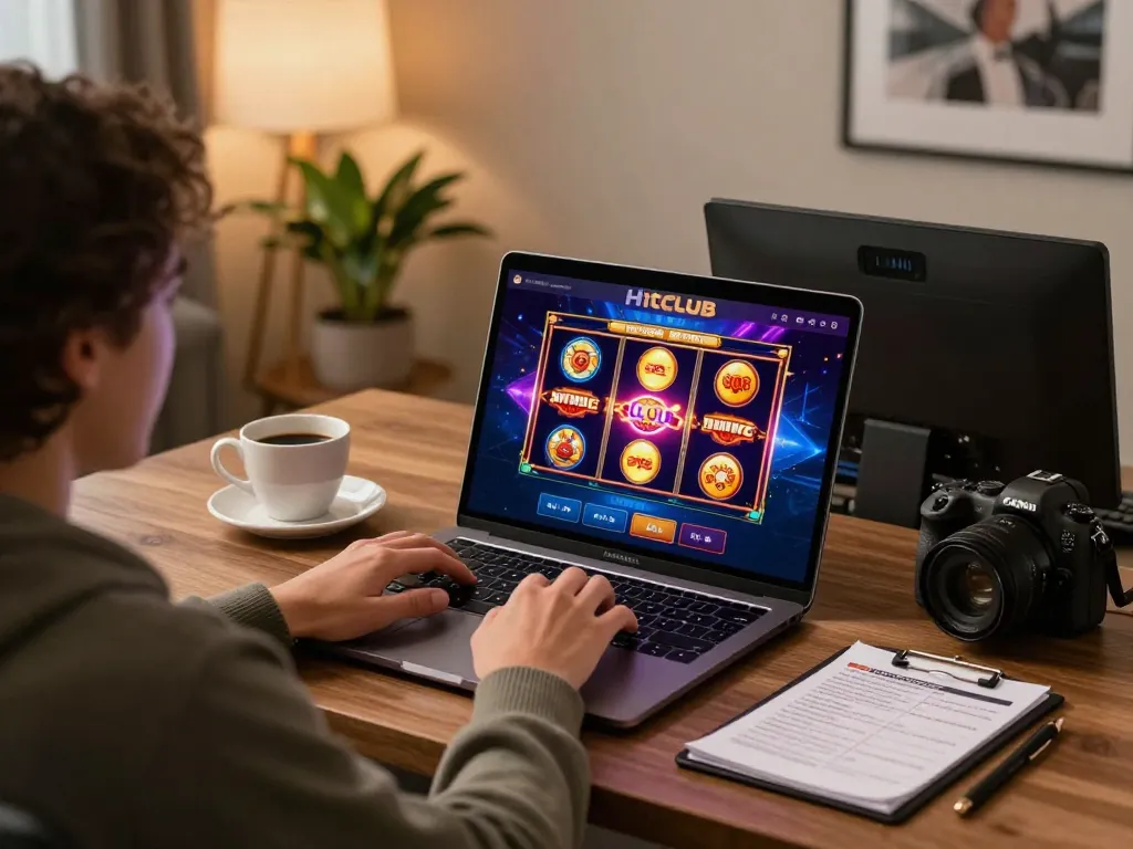Engaging with Hitclub online gaming platform on a stylish desk, showcasing vibrant slot graphics and a comfortable atmosphere.