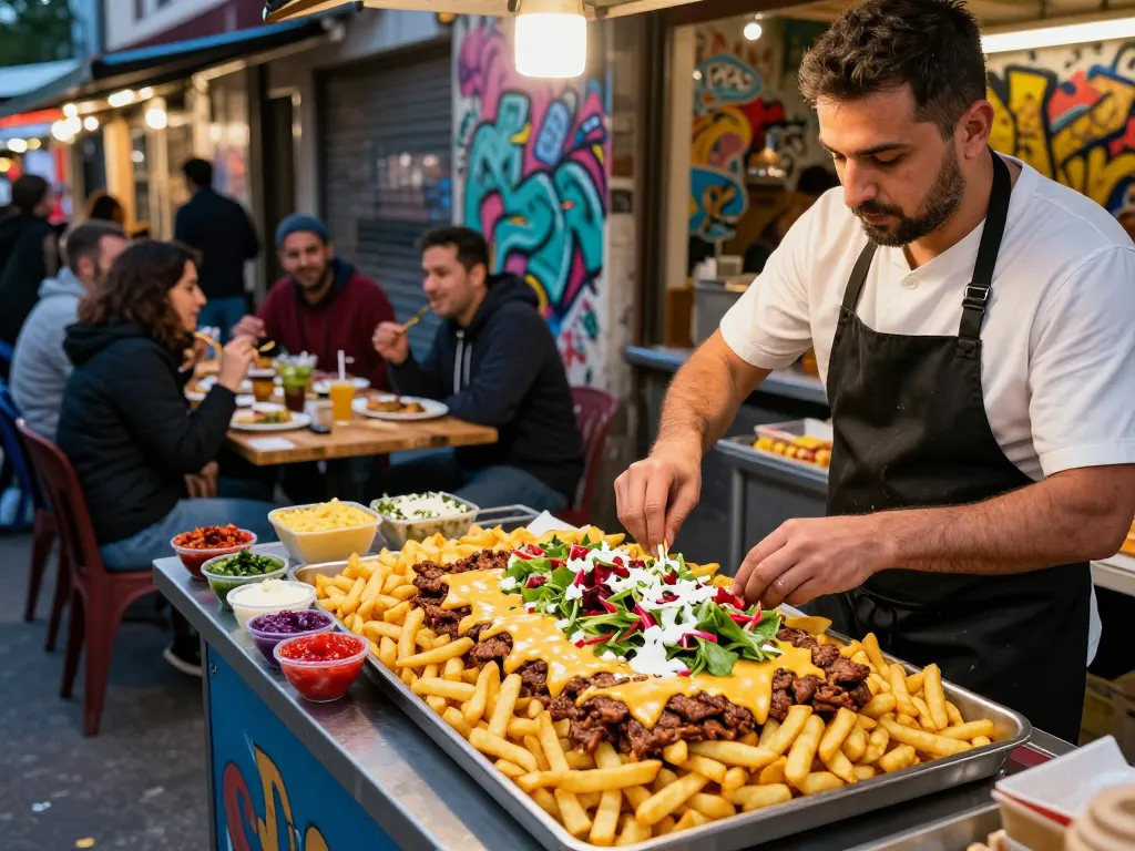 Heerlijke kapsalon wordt geserveerd op een levendige markt, met de beste kapsalon smaken in een bruisende sfeer.