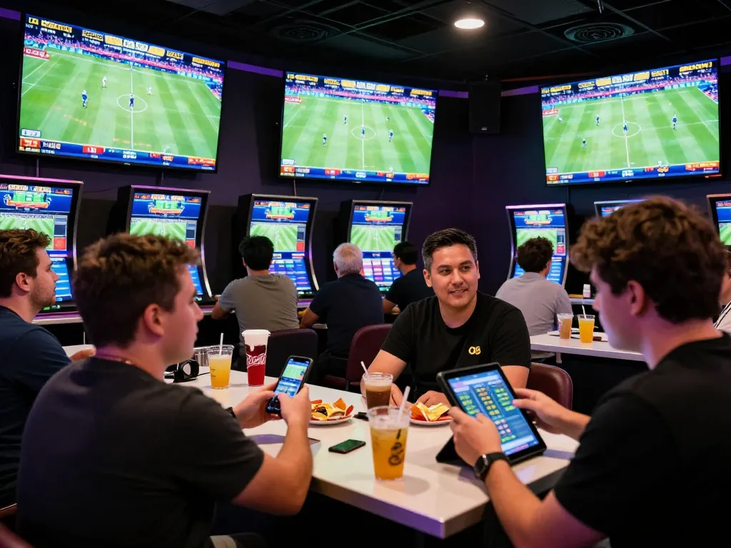 O8 live sports betting scene featuring enthusiastic bettors engaging with mobile devices for real-time wagering.
