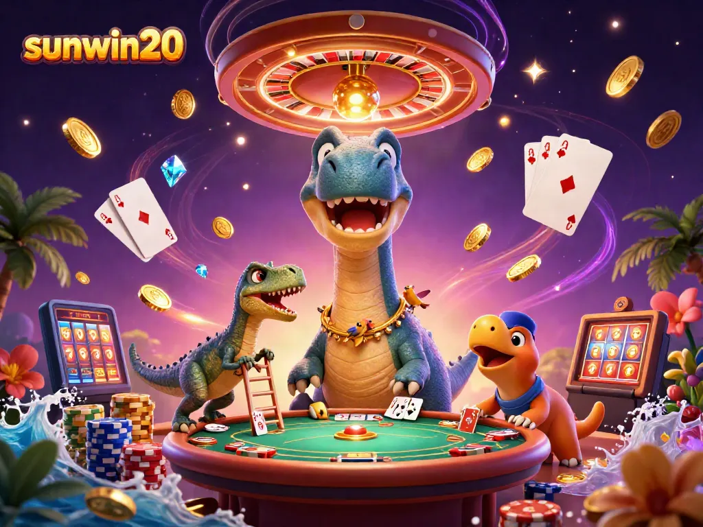 Experience thrilling action at sunwin20 with a massive 3D brontosaurus towering over a bustling casino scene.