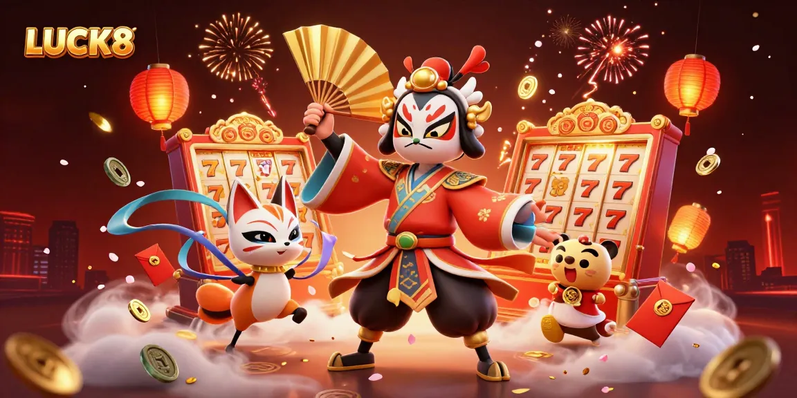 Experience thrilling games at LUCK8 with this vibrant casino-themed illustration showcasing spirited characters and elements.