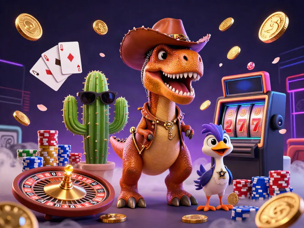 Experience the excitement of the MANCLUB casino scene with a cowboy dinosaur and friends amidst vibrant gaming elements.