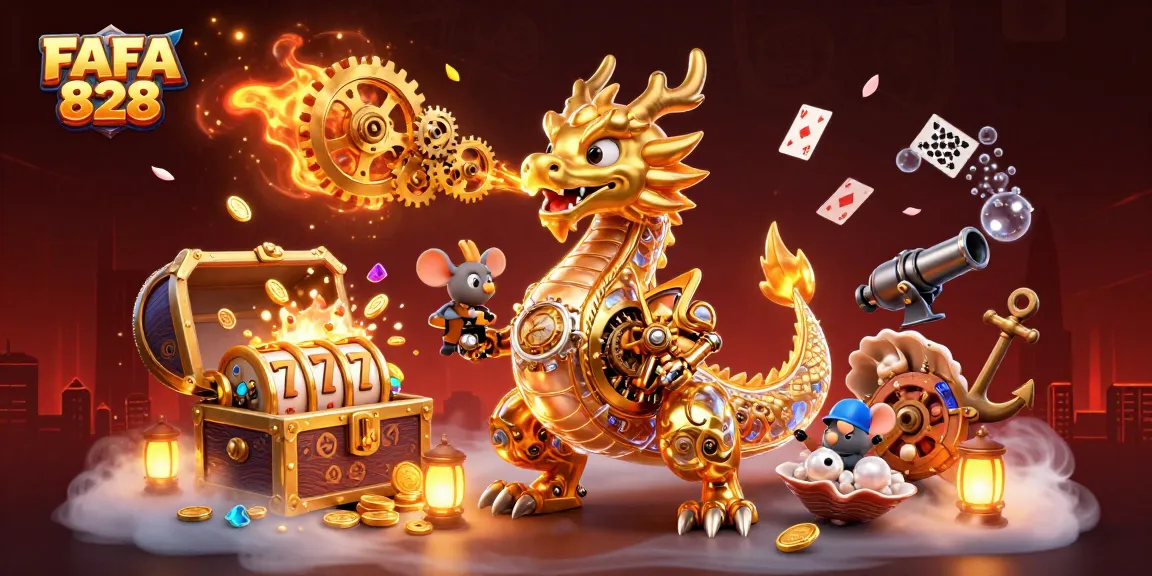 FAFA 828 features a golden dragon amidst colorful slot elements and underwater treasures.
