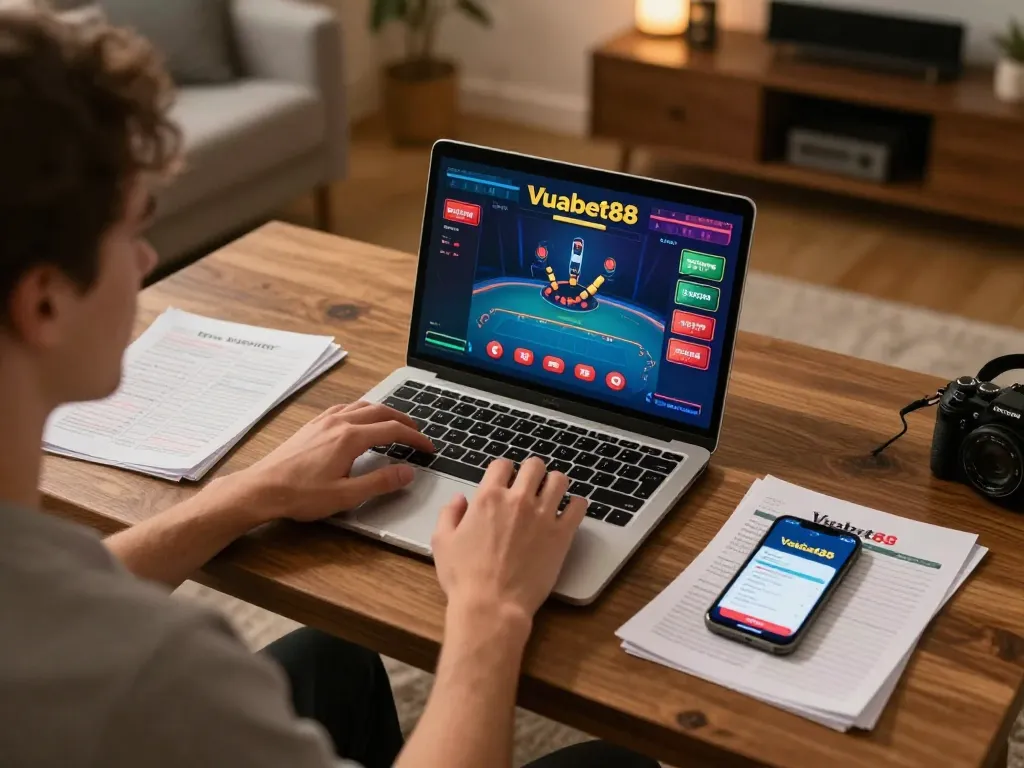 Person engaging with Vuabet88 online casino on a laptop while reviewing betting strategies and using a smartphone