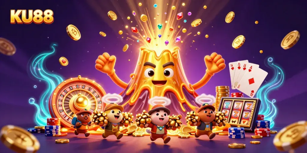 Experience the thrill of winning at KU88 with vibrant visuals from a classic casino scene bursting with coins and treasures.