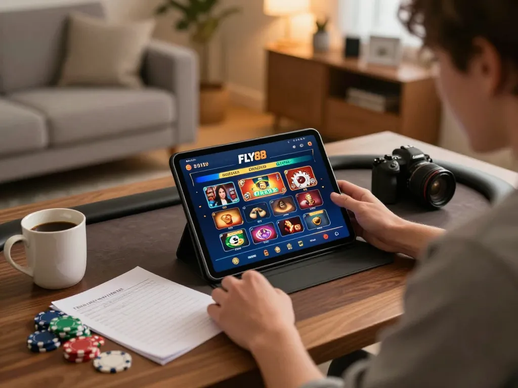 Engaging gameplay at home using FLY88 casino tablet interface, highlighting casual online gaming experience.