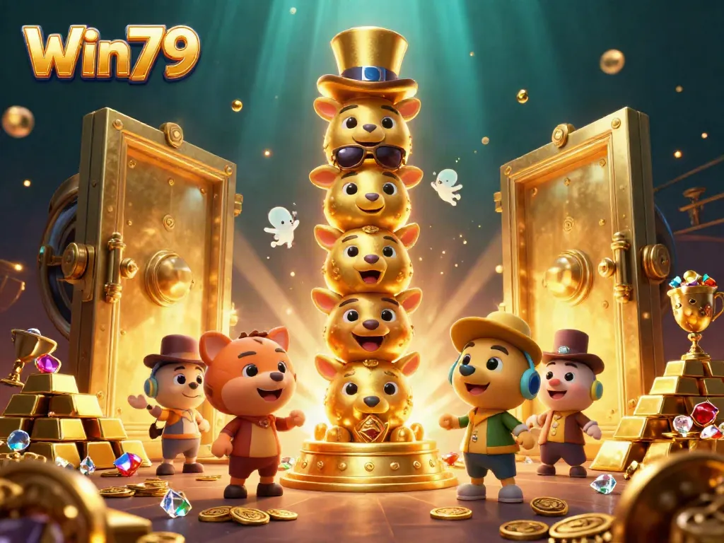 Experience the excitement of Win79 with this vibrant 3D illustration showcasing colorful casino elements and treasures.