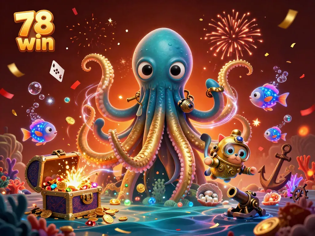 Engage in thrilling games with 78 win's vibrant, lively casino scene featuring a kraken, diving cat, and more.