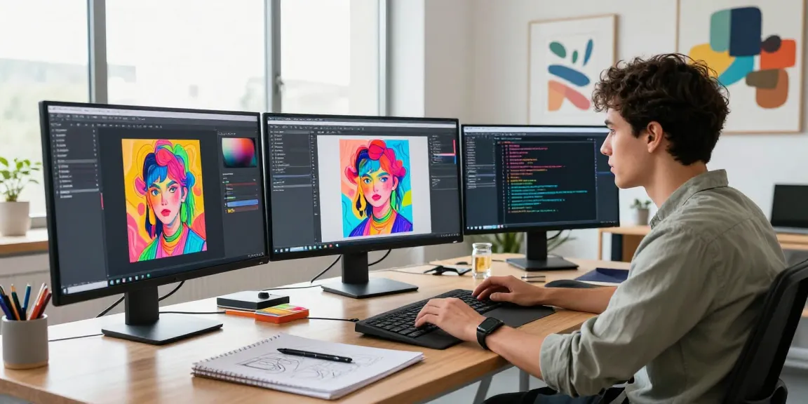 Creative workspace featuring multiple screens displaying ai nsfw content generation, showcasing vibrant digital artworks and inspiring atmosphere.
