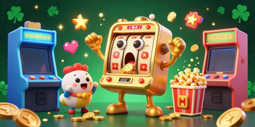 Witness the exciting SV 388 jackpot moment as a lively golden slot machine wins big amid cheering companions!