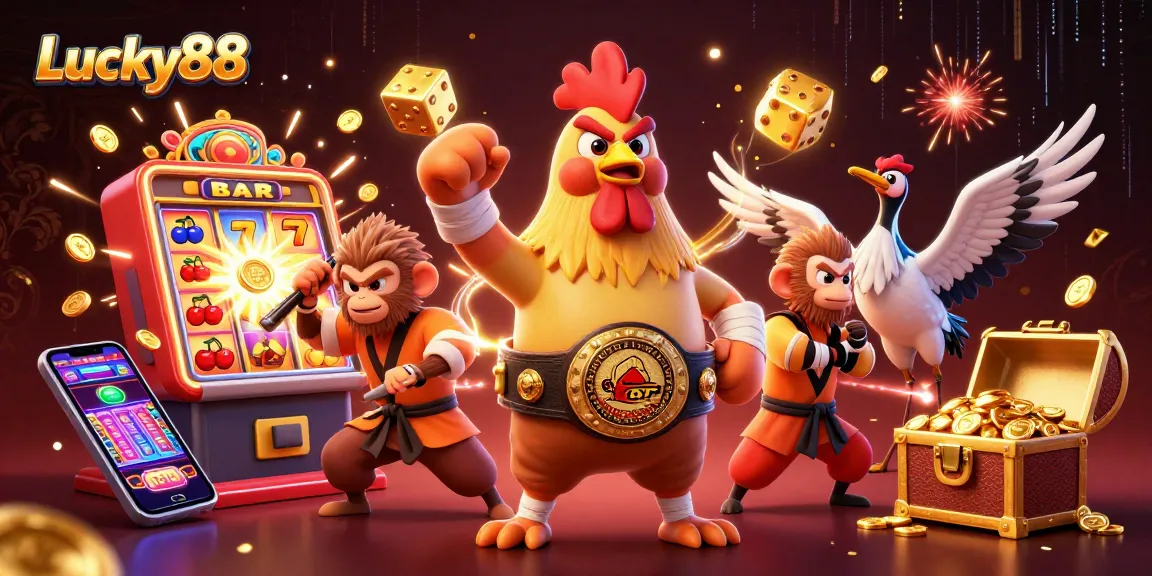 Experience the winning moments at Lucky88 with a vibrant casino scene featuring muay thai, martial arts characters, and jackpot excitement.