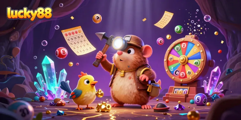 Experience the thrill of lucky88 with a treasure hunter mole in a dynamic casino scene full of vibrant games and gold.