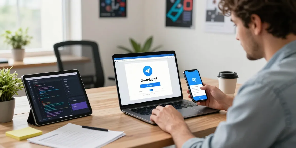 Download Telegram in a modern workspace with multiple devices and coding notes.