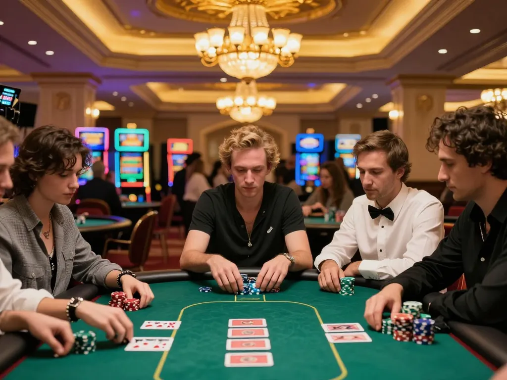 Engaged players at a ga888n poker table enjoying a thrilling game in an upscale casino environment.