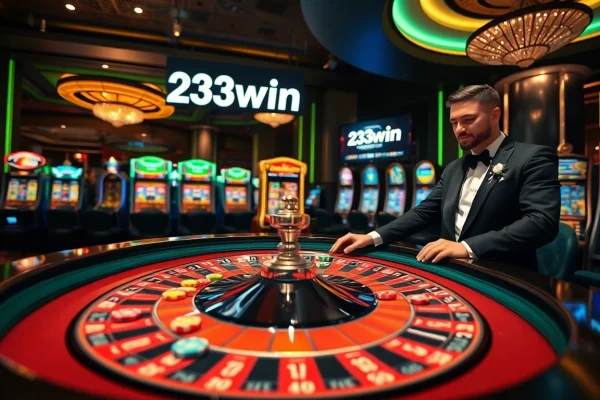 Experience the thrilling atmosphere of 23win's casino with vibrant roulette and luxurious gaming.