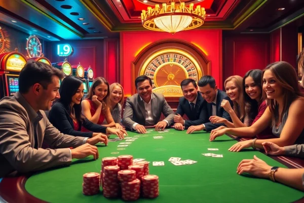 Place your bets at i9bet amid an exquisite casino atmosphere with vibrant gaming tables.