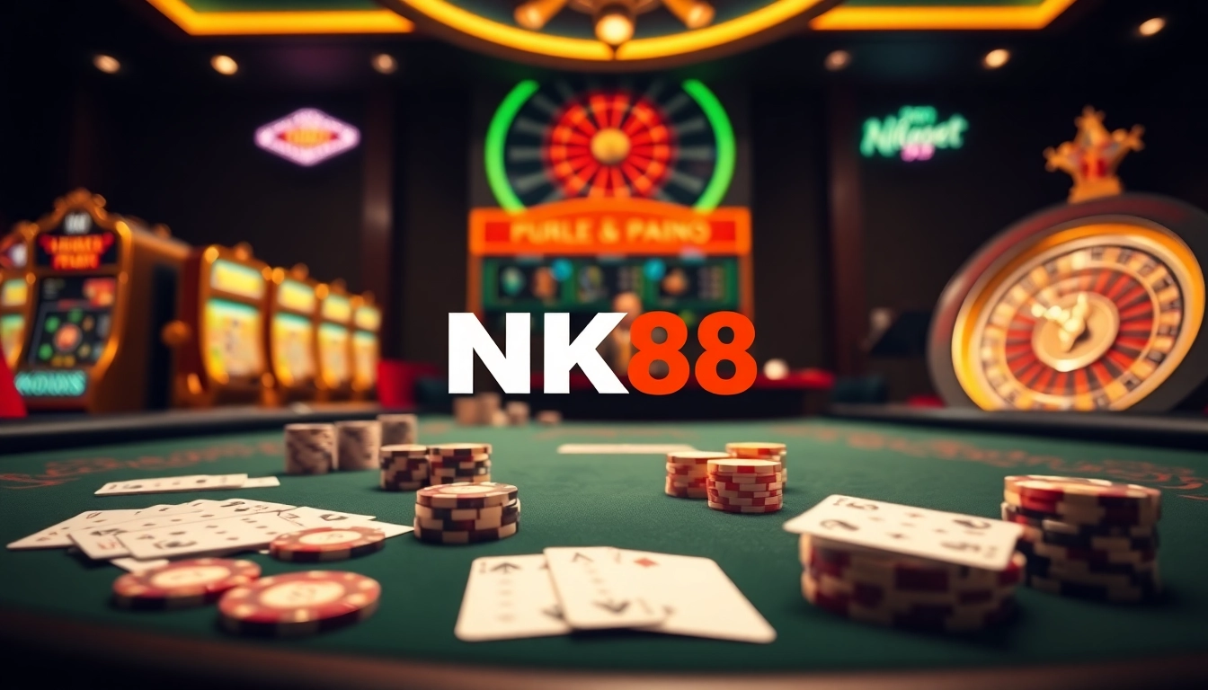 Engaged players at NK88 casino table enjoying high-stakes betting with poker chips.