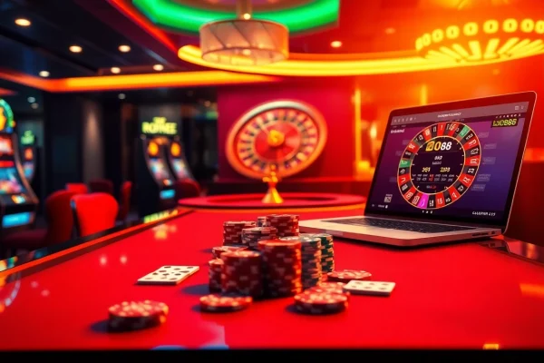 Lode88 players engaging in exciting online gambling at a vibrant casino table with poker chips and cards.