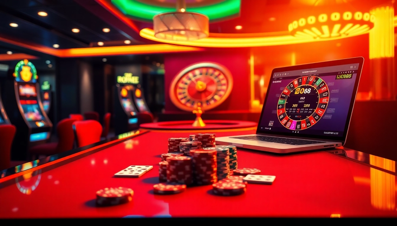 Lode88 players engaging in exciting online gambling at a vibrant casino table with poker chips and cards.