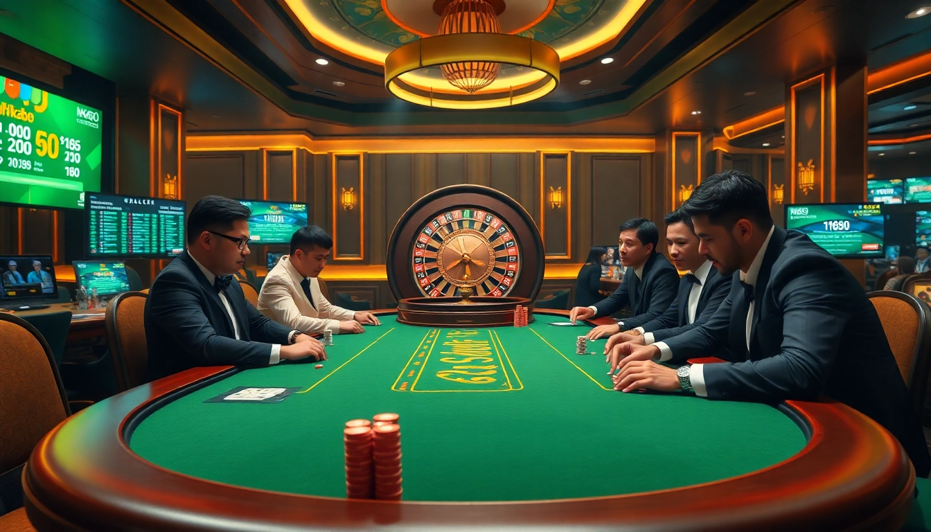 NK88 players engaging in a high-stakes poker game at a vibrant casino table.