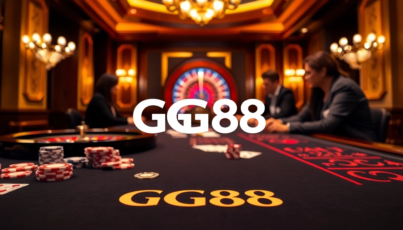 Experience thrilling gameplay at GG88 with vibrant poker chips and a roulette wheel.