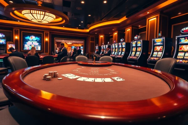 Celebrating a lucky win at a glamorous casino with blackjack tables and slot machines.