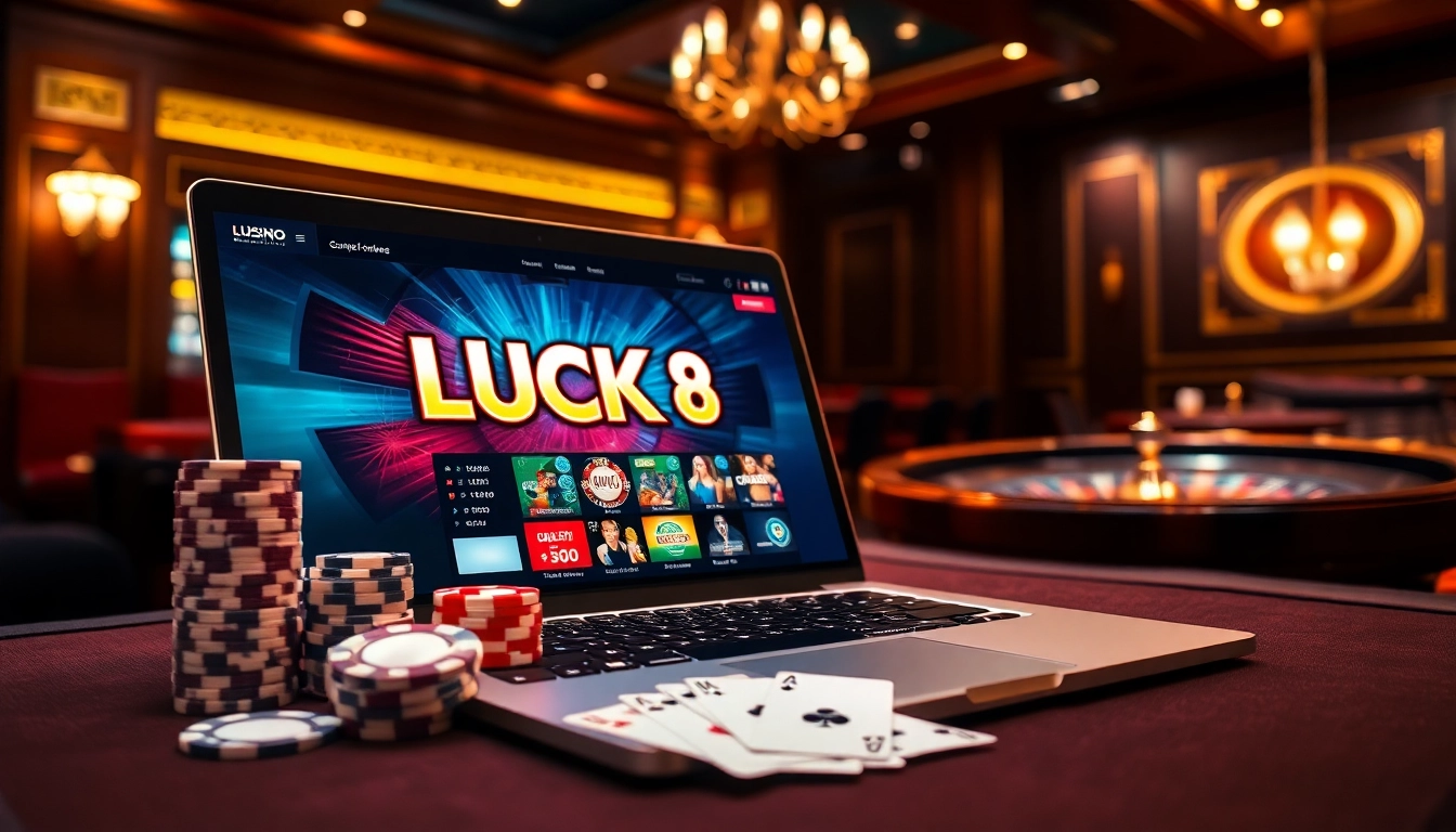 Experience the thrill of LUCK 8 online gaming with interactive poker chips and vibrant casino visuals.