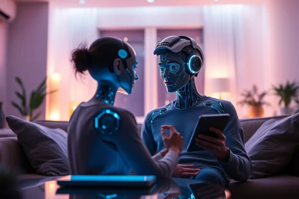 Sexting AI chatbot interaction in a modern living room with ambient lighting and digital devices.