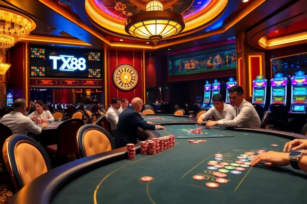 TX88 poker players engage in high-stakes action at a vibrant casino table.