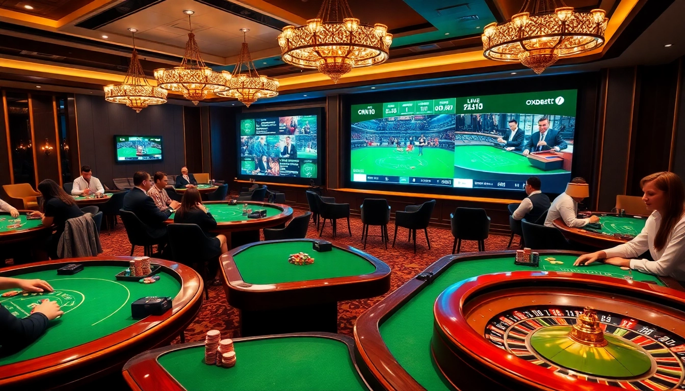 Exciting casino gaming atmosphere at https://oxbet6.vip/ showcasing poker tables, chips, and digital betting.