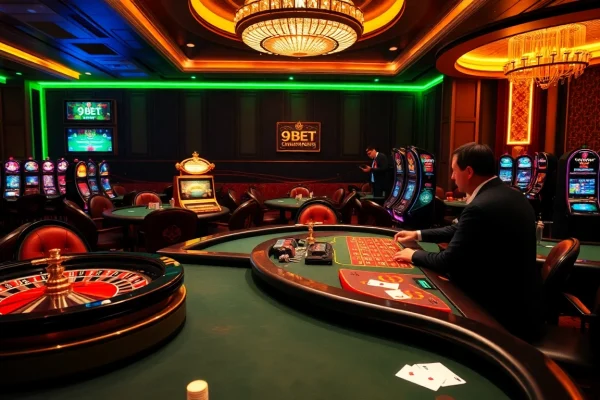Exciting casino scene featuring Nhà Cái 9BET players in action at poker tables.