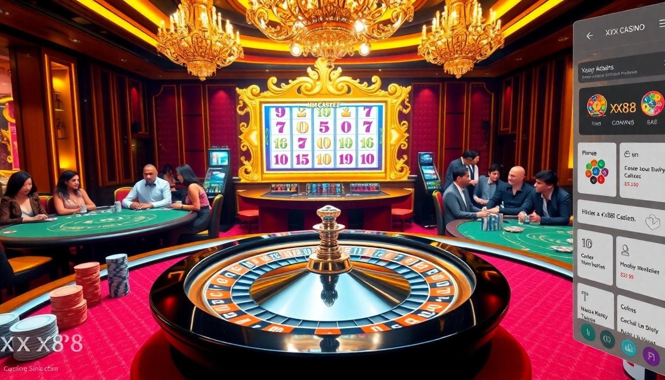 A thrilling casino atmosphere featuring the classic roulette wheel and vibrant slot machines at https://xx88.casino/, where players enjoy high-stakes gaming.