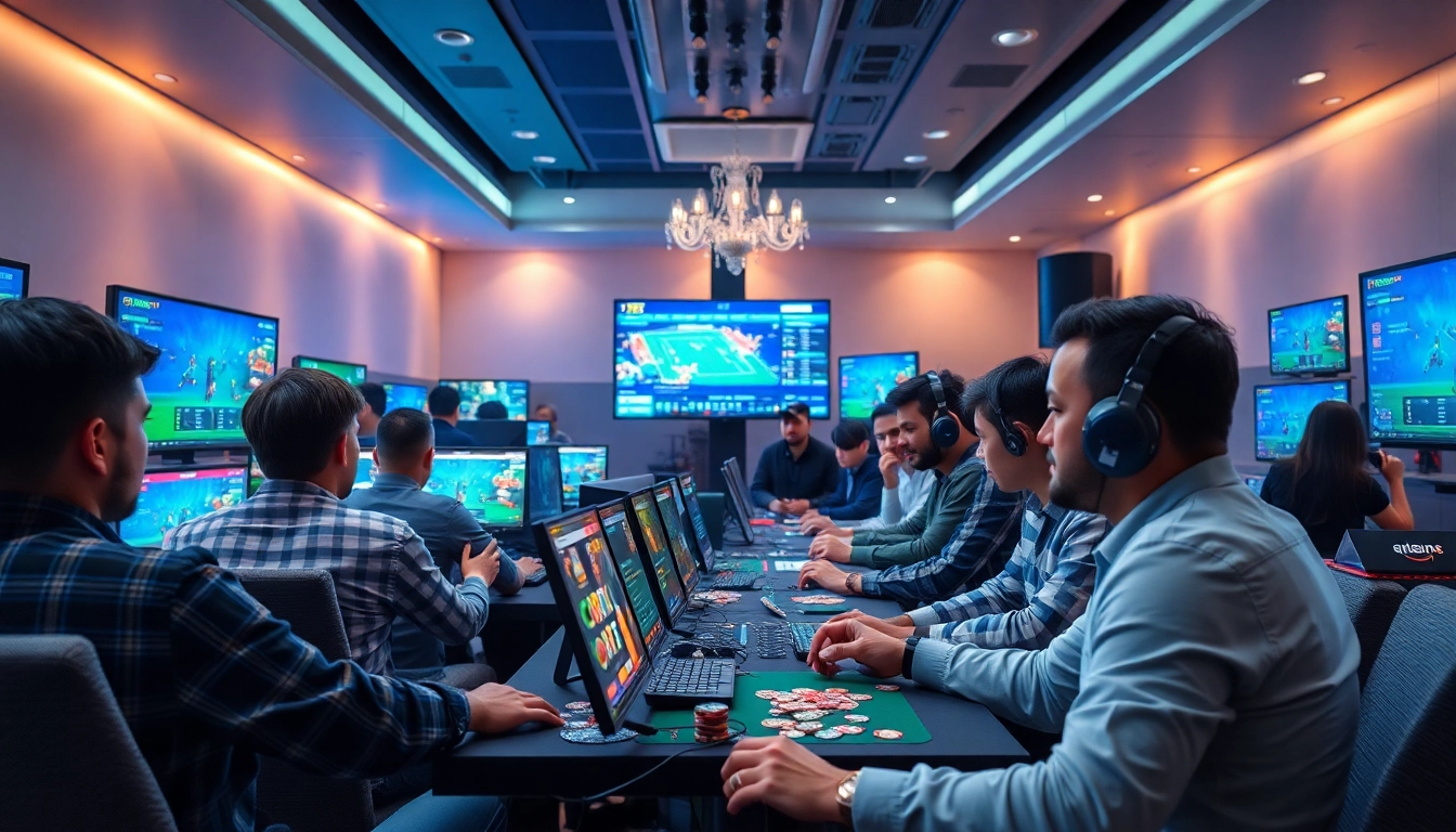 Engaging online betting scene at 77EE showcasing players in a vibrant casino atmosphere.