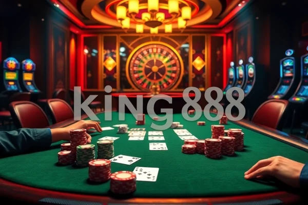 King88 poker table with vibrant chips and cards, showcasing luxury in a casino atmosphere.