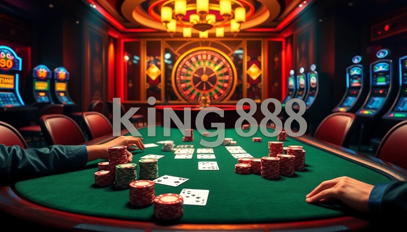 King88 poker table with vibrant chips and cards, showcasing luxury in a casino atmosphere.