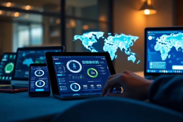 快连官网展示了多个设备上的现代网络加速解决方案，具有全球连接元素。