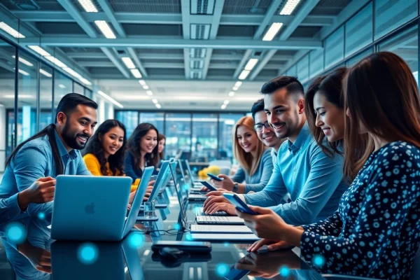 快连官网 展示一个专业办公室，人员通过科技互联，象征创新与协作。