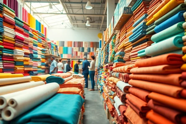 Katoen stof kopen in een kleurrijke stoffenwinkel met diverse patronen.
