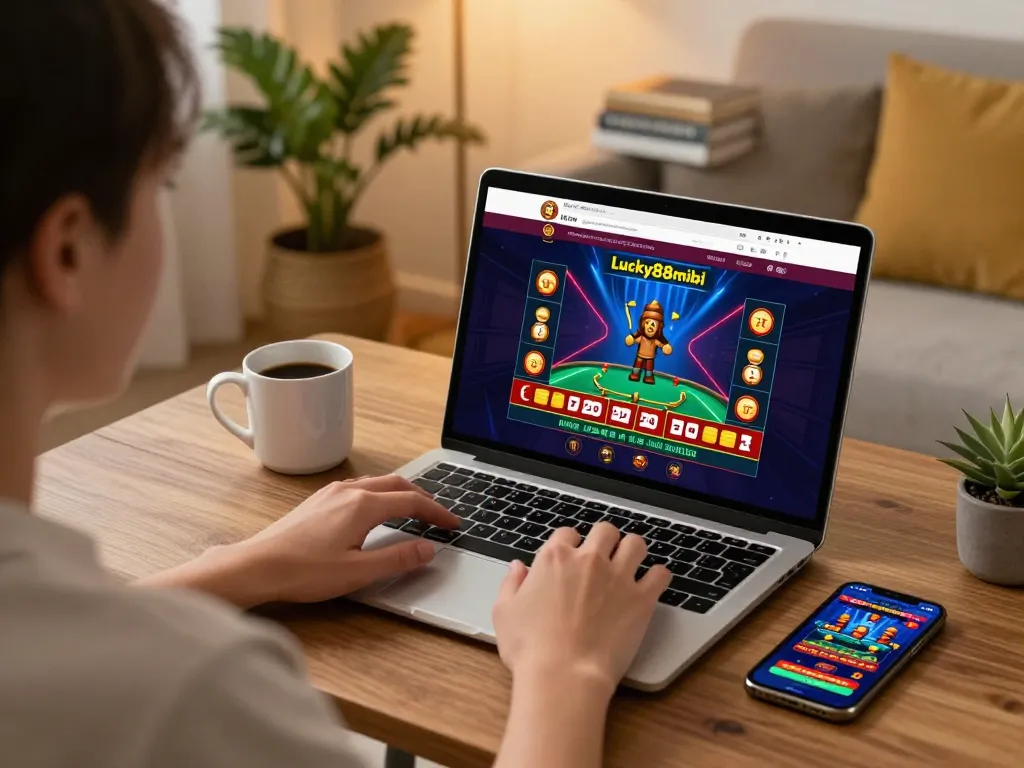 Engaging online gambling session with lucky88mobi app displayed on laptop.