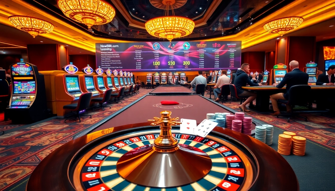 Engaged players enjoying the exciting atmosphere of new88.com casino tables with vibrant slot machines.