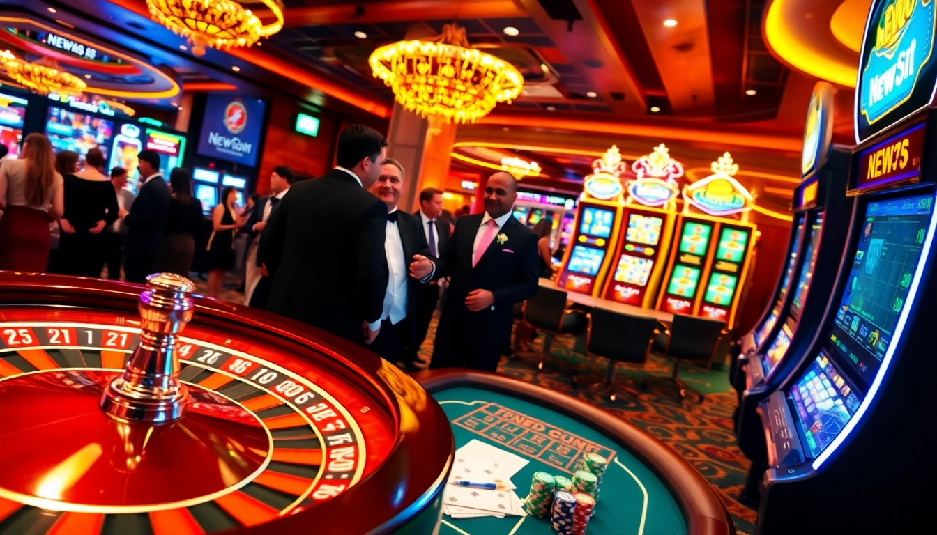 Experience the thrilling atmosphere of new88.com, showcasing a luxurious casino scene filled with games and excitement.